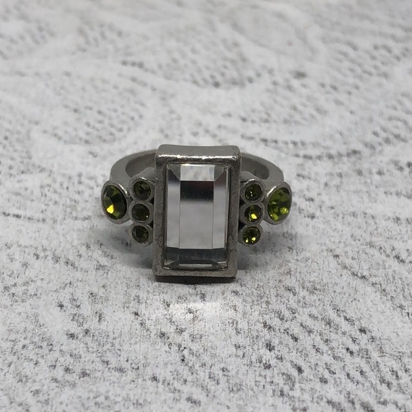 Lia Sophia Silver Tone Baguette Crystal/glass Ring Statement Modernist Style - Picture 6 of 7